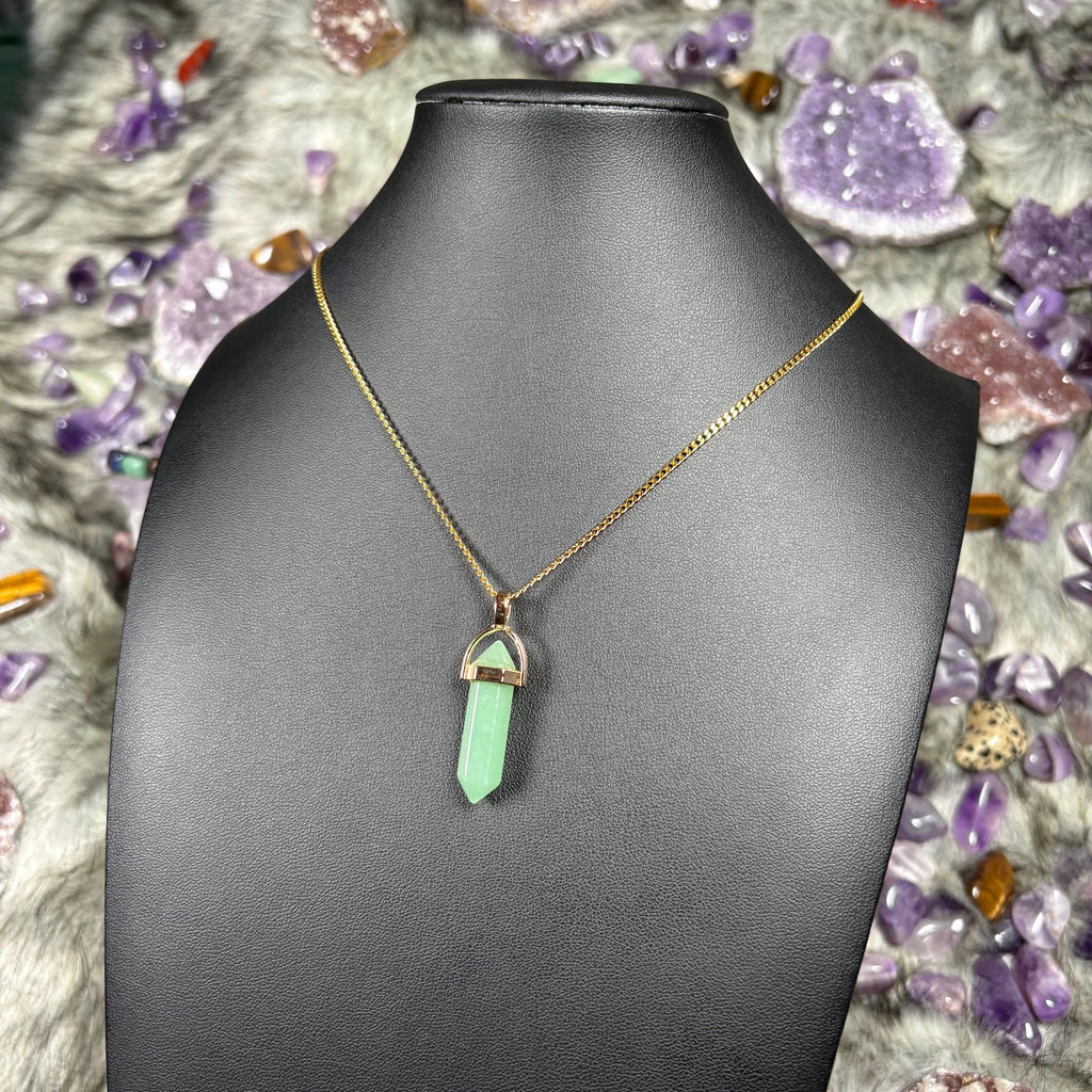 Green Aventurine Hexagonal Double-Terminated Gold Stainless Steel Chain Necklace