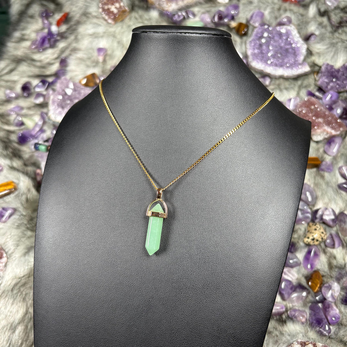 Green Aventurine Hexagonal Double-Terminated Gold Stainless Steel Chain Necklace