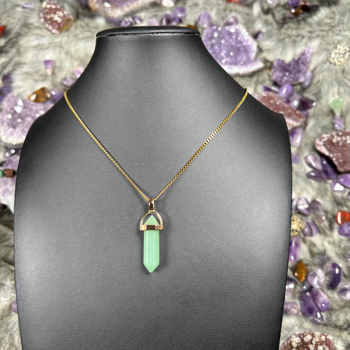Green Aventurine Hexagonal Double-Terminated Gold Stainless Steel Chain Necklace