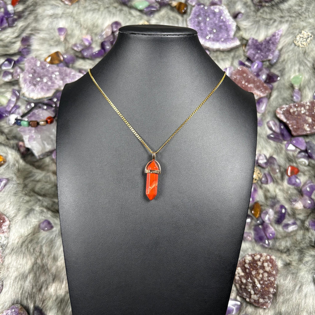 Red Jasper Hexagonal Double-Terminated Gold Stainless Steel Chain Necklace