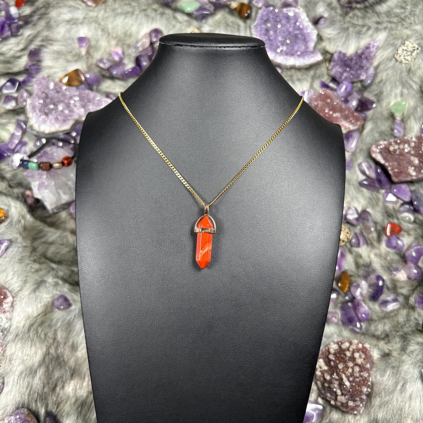 Red Jasper Hexagonal Double-Terminated Gold Stainless Steel Chain Necklace