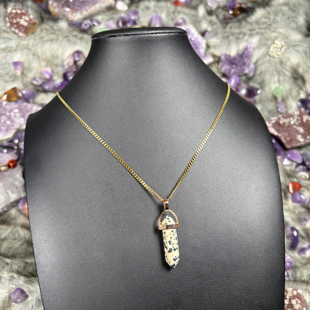 Dalmatian Jasper Hexagonal Double-Terminated Gold Stainless Steel Chain Necklace