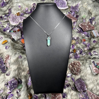 Amazonite Crystal Hexagonal Double Terminated Silver Stainless Steel Necklace