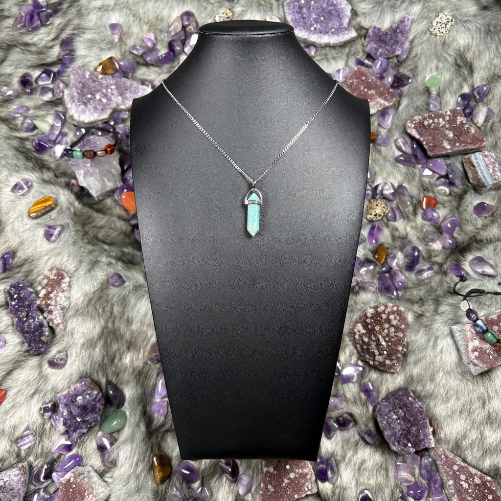 Amazonite Crystal Hexagonal Double Terminated Silver Stainless Steel Necklace