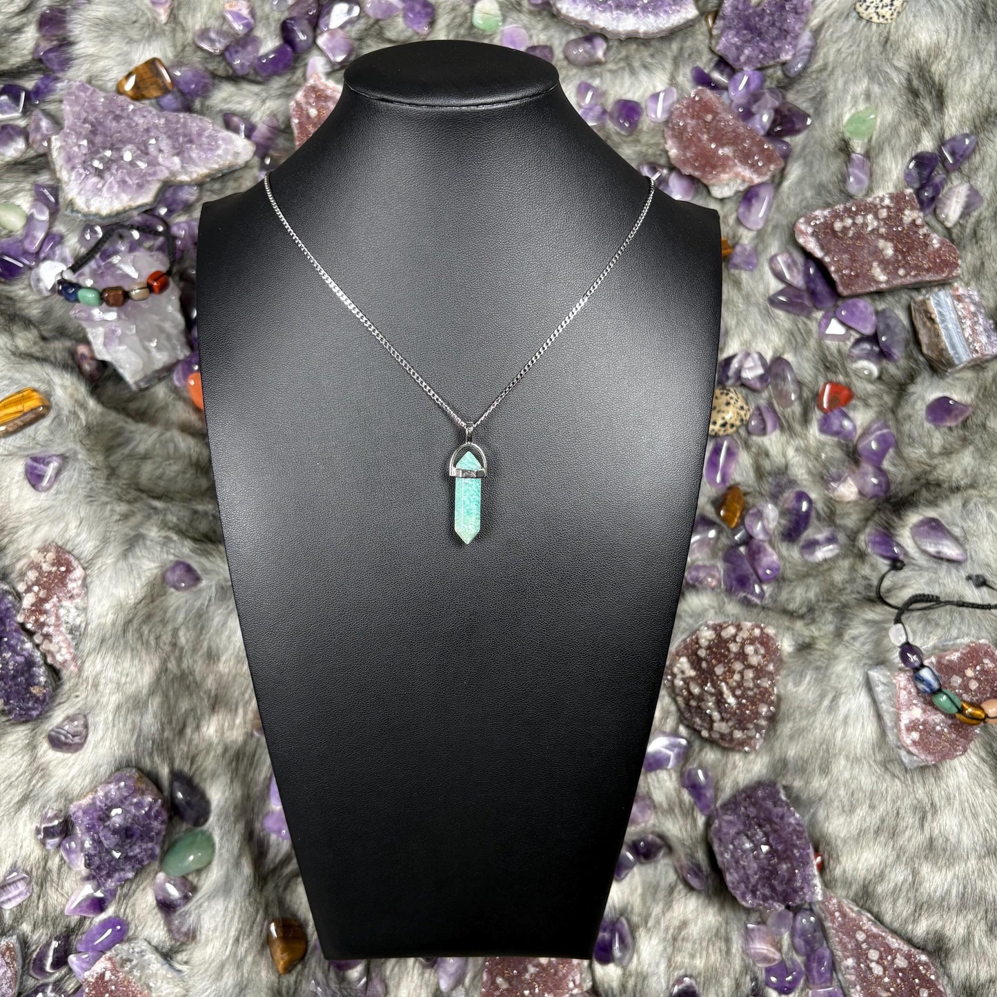Amazonite Crystal Hexagonal Double Terminated Silver Stainless Steel Necklace