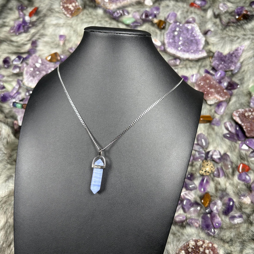Blue Lace Agate Crystal Hexagonal Double Terminated Silver Stainless Steel Necklace