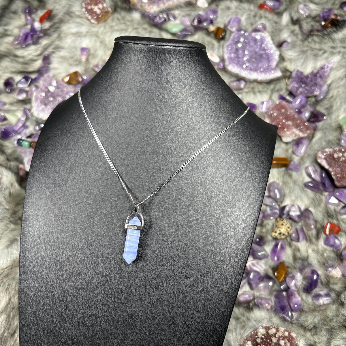 Blue Lace Agate Crystal Hexagonal Double Terminated Silver Stainless Steel Necklace