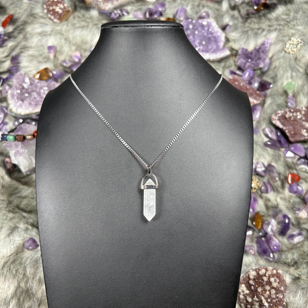 Clear Quartz Hexagonal Double-Terminated Silver Stainless Steel Chain Necklace