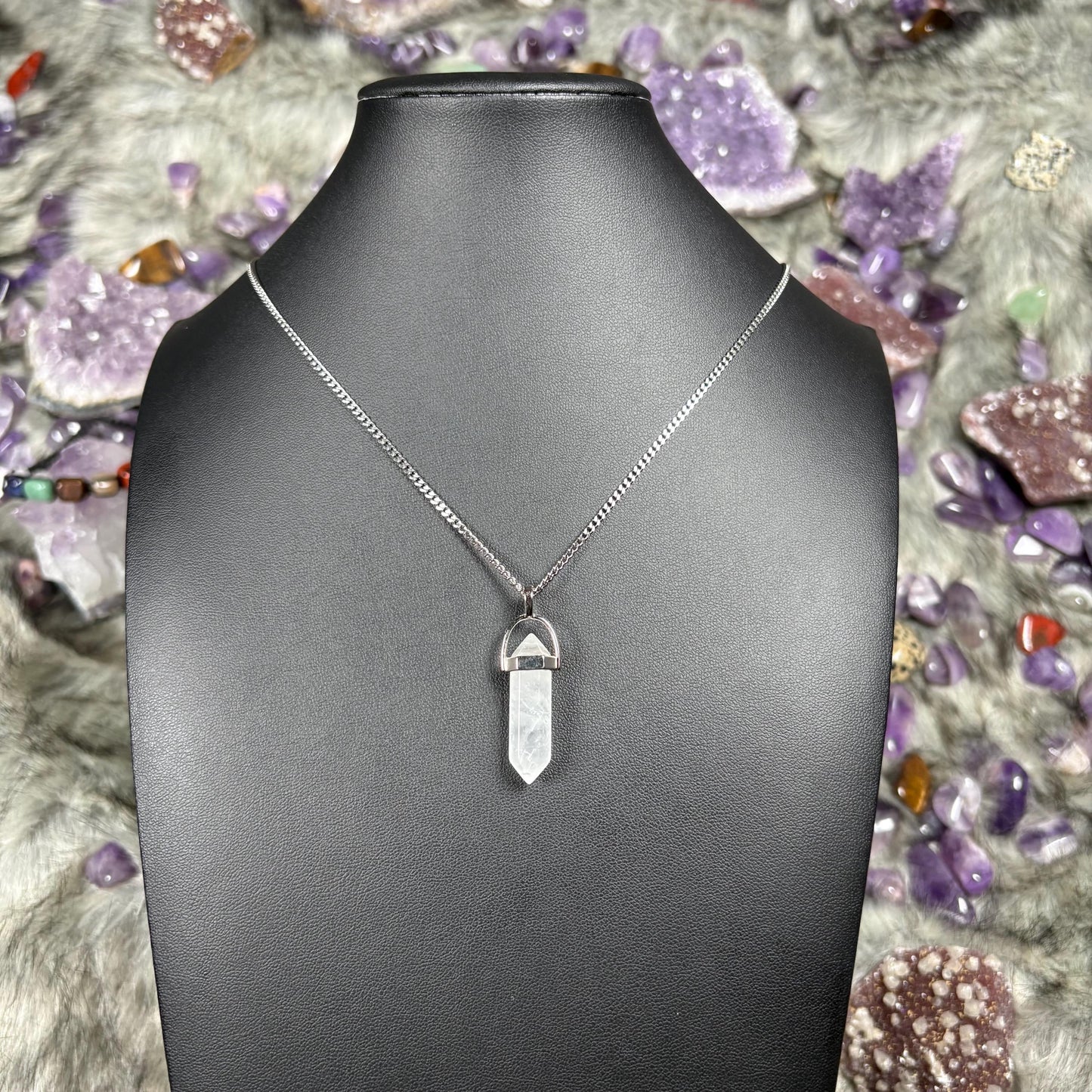 Clear Quartz Hexagonal Double-Terminated Silver Stainless Steel Chain Necklace
