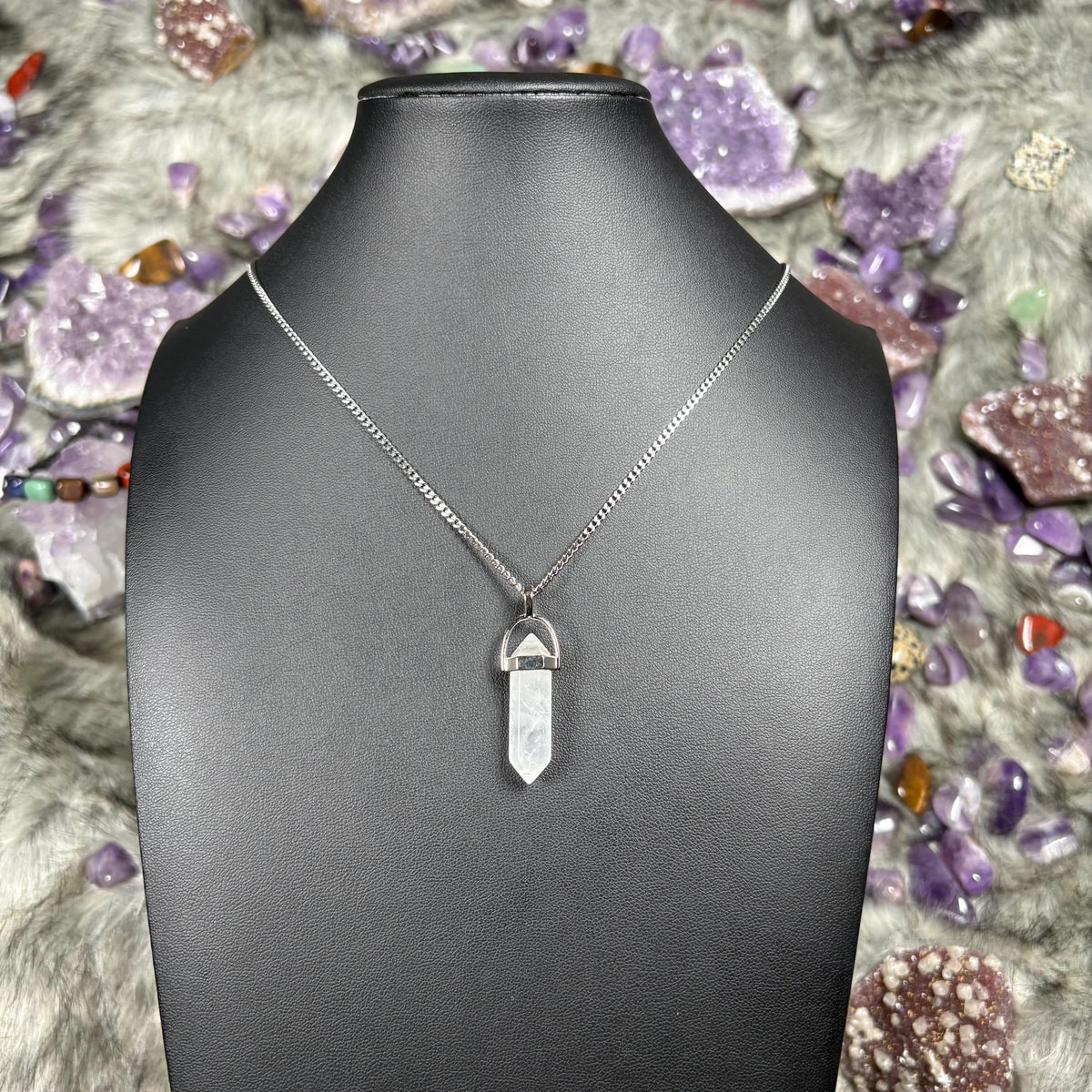 Clear Quartz Hexagonal Double-Terminated Silver Stainless Steel Chain Necklace