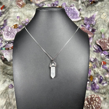 Clear Quartz Hexagonal Double-Terminated Silver Stainless Steel Chain Necklace