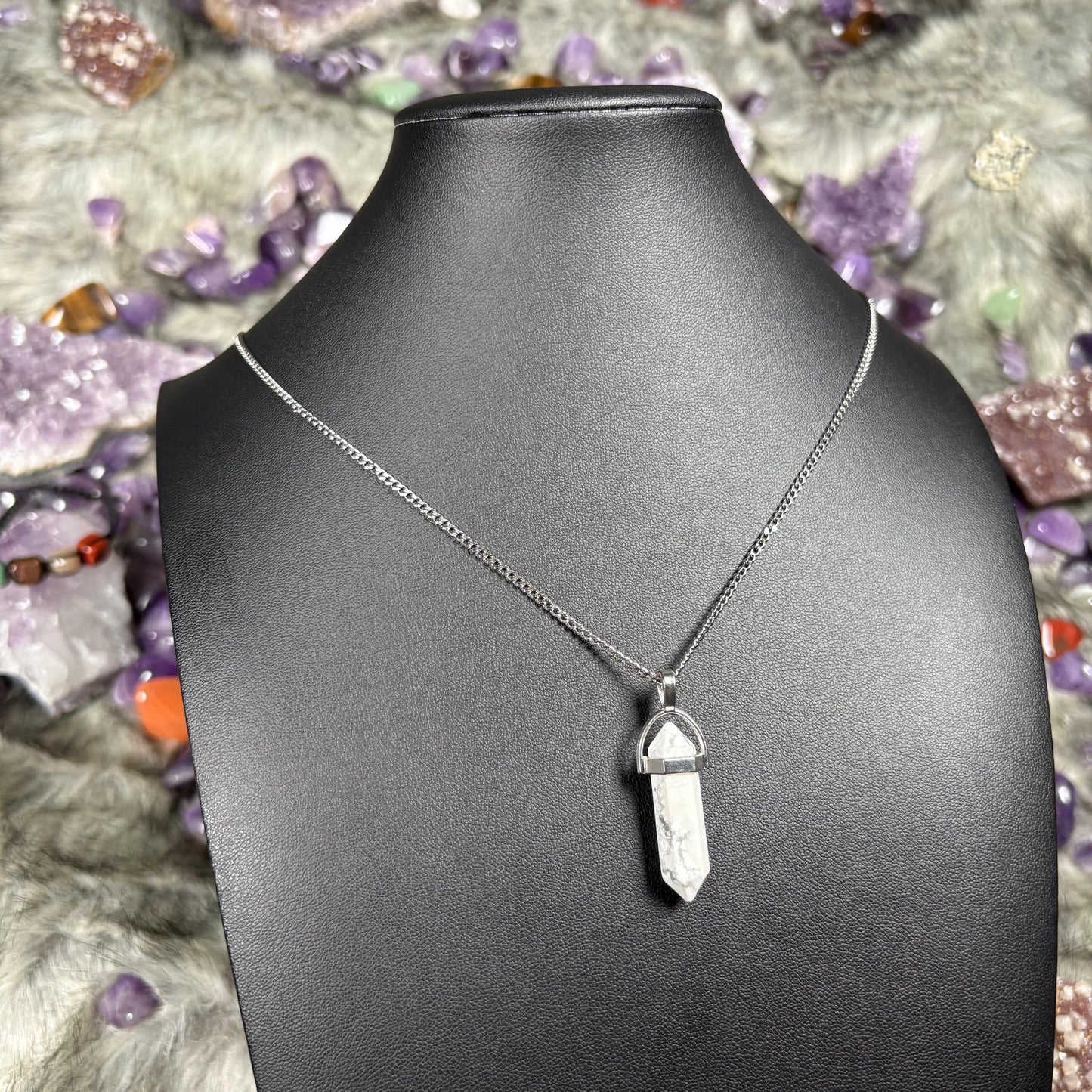 Howlite Crystal Hexagonal Double-Terminated Silver Stainless Steel Chain Necklace