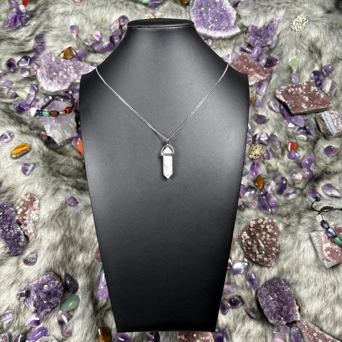 Howlite Crystal Hexagonal Double-Terminated Silver Stainless Steel Chain Necklace