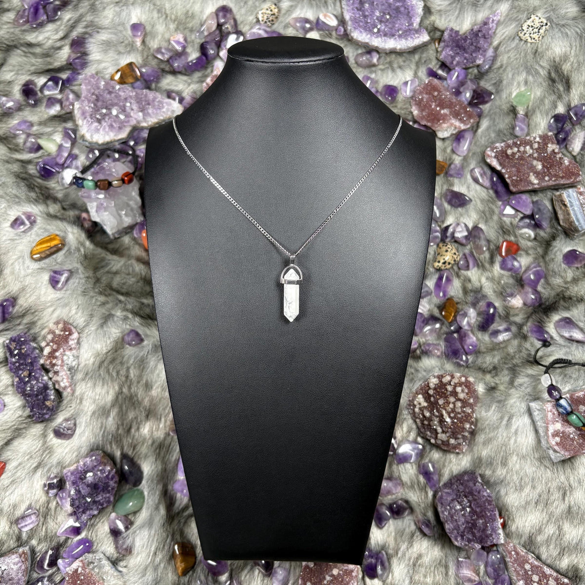 Howlite Crystal Hexagonal Double-Terminated Silver Stainless Steel Chain Necklace
