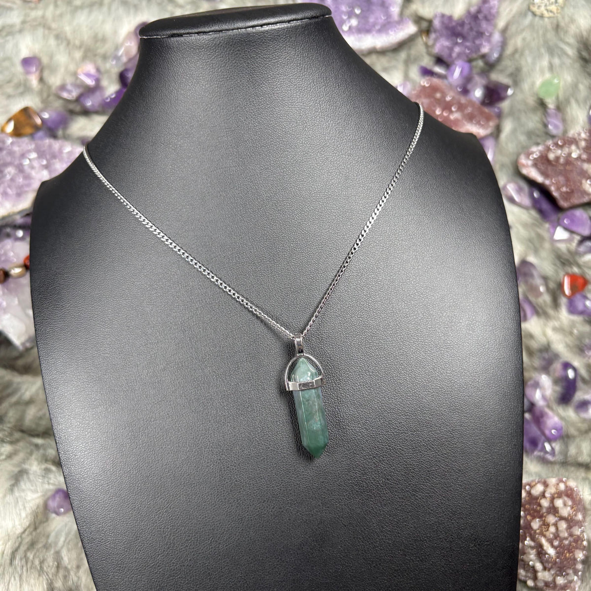 Green Moss Agate Hexagonal Double-Terminated Silver Stainless Steel Chain Necklace