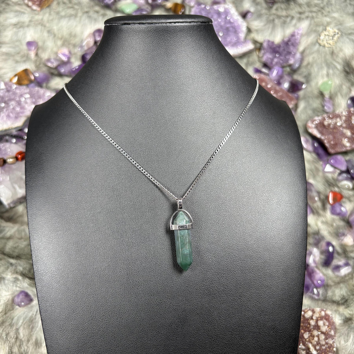 Green Moss Agate Hexagonal Double-Terminated Silver Stainless Steel Chain Necklace