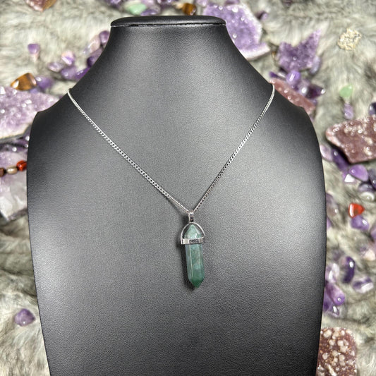 Green Moss Agate Hexagonal Double-Terminated Silver Stainless Steel Chain Necklace