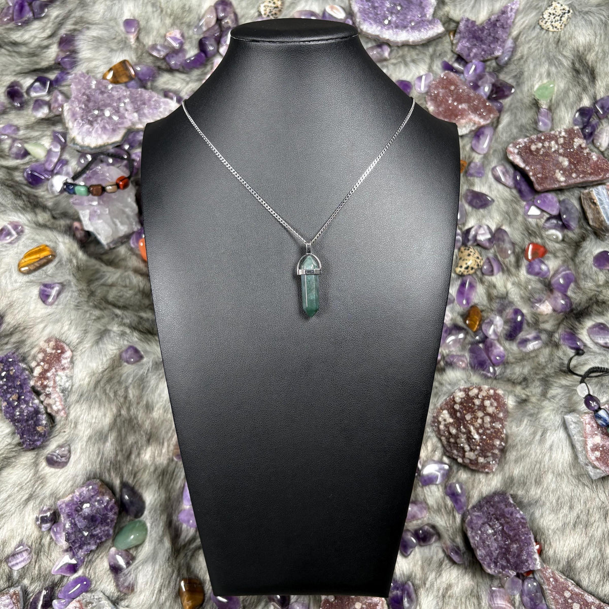 Green Moss Agate Hexagonal Double-Terminated Silver Stainless Steel Chain Necklace
