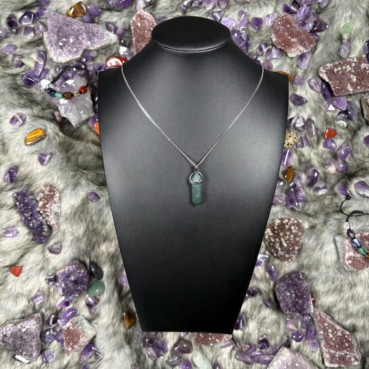 Green Moss Agate Hexagonal Double-Terminated Silver Stainless Steel Chain Necklace