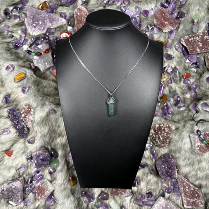 Green Moss Agate Hexagonal Double-Terminated Silver Stainless Steel Chain Necklace
