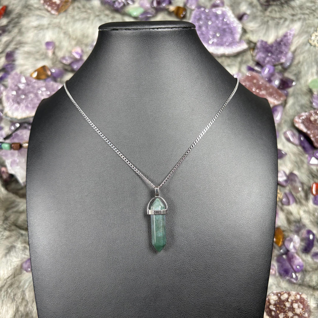 Green Moss Agate Hexagonal Double-Terminated Silver Stainless Steel Chain Necklace