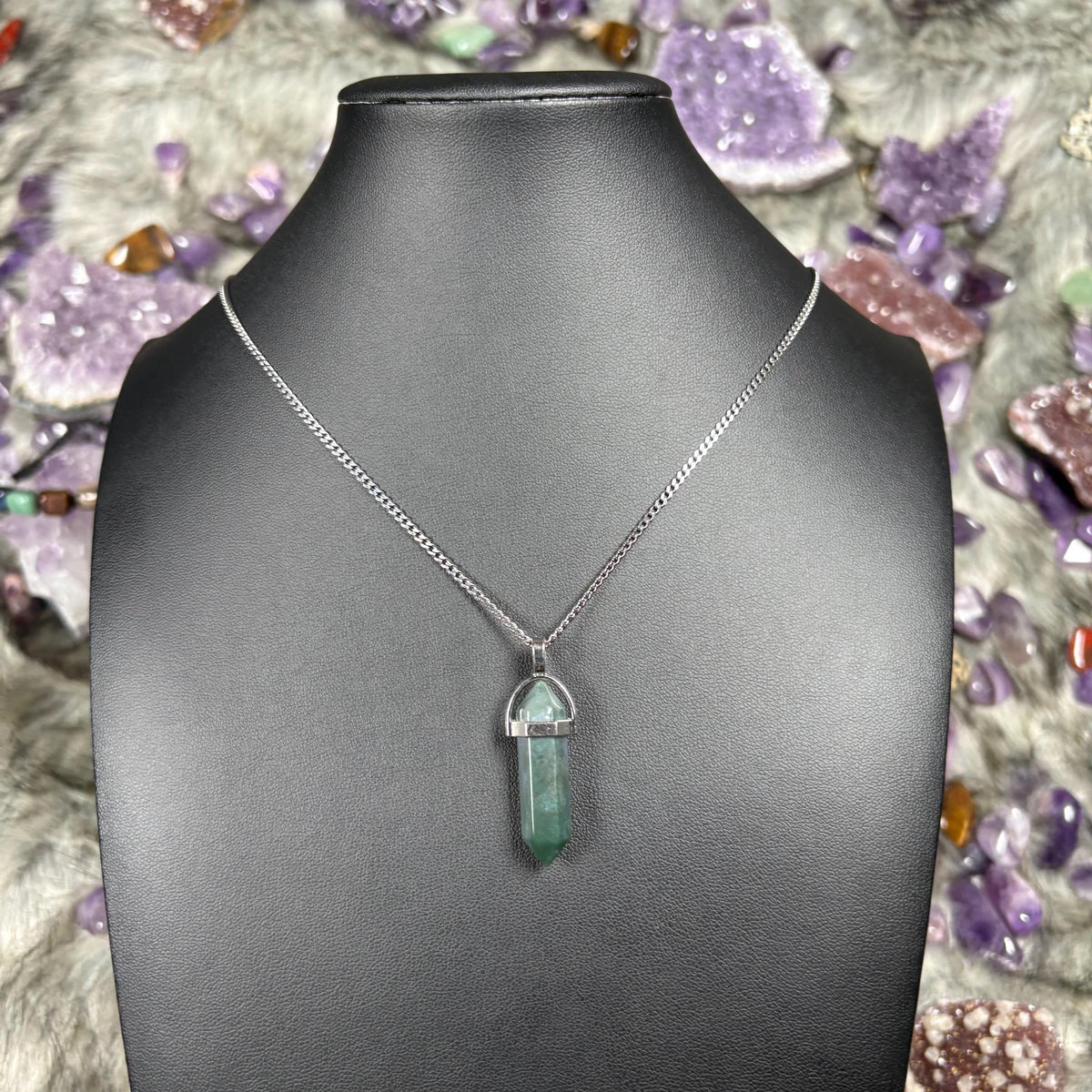 Green Moss Agate Hexagonal Double-Terminated Silver Stainless Steel Chain Necklace