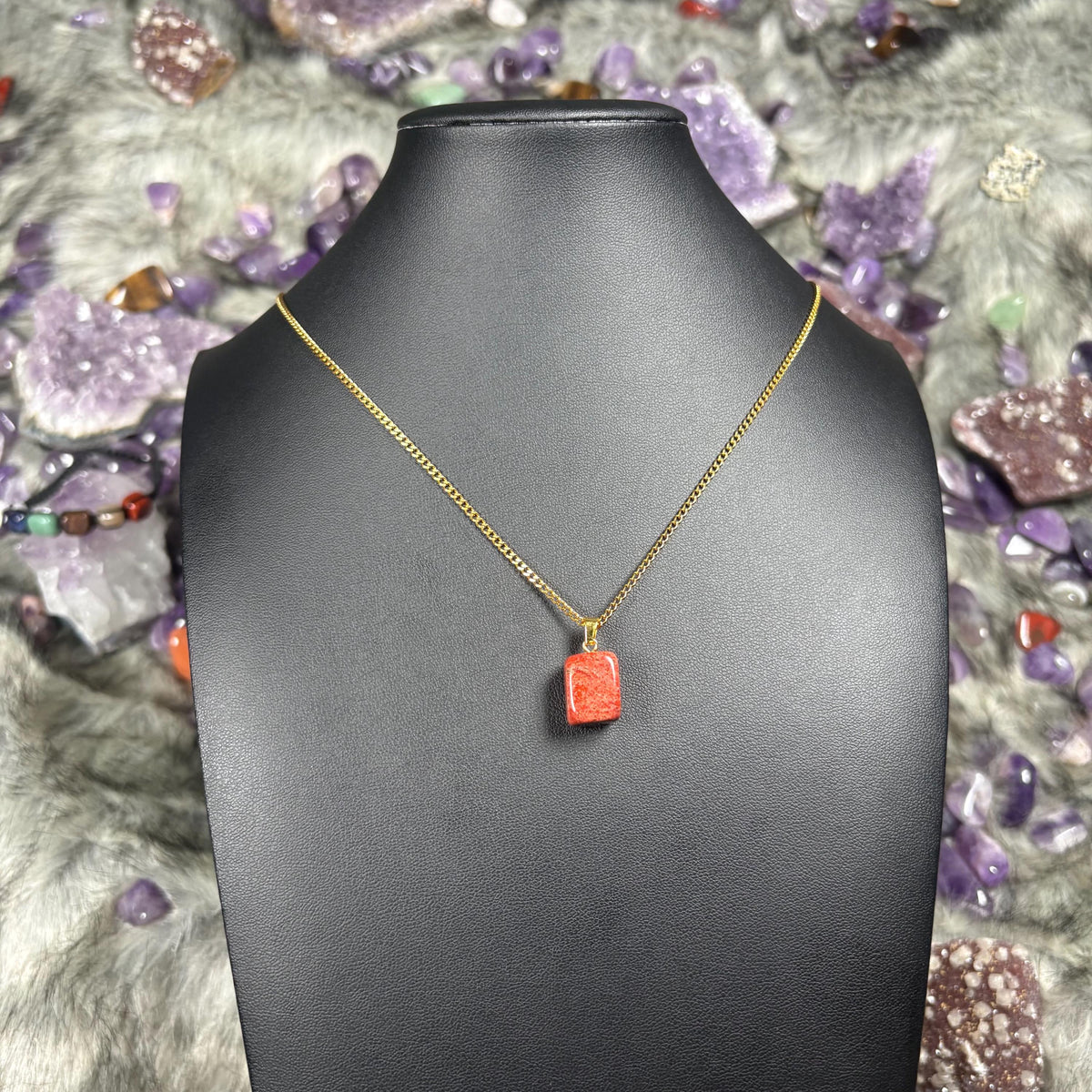Red Jasper Crystal Gold Stainless Steel Chain Necklace
