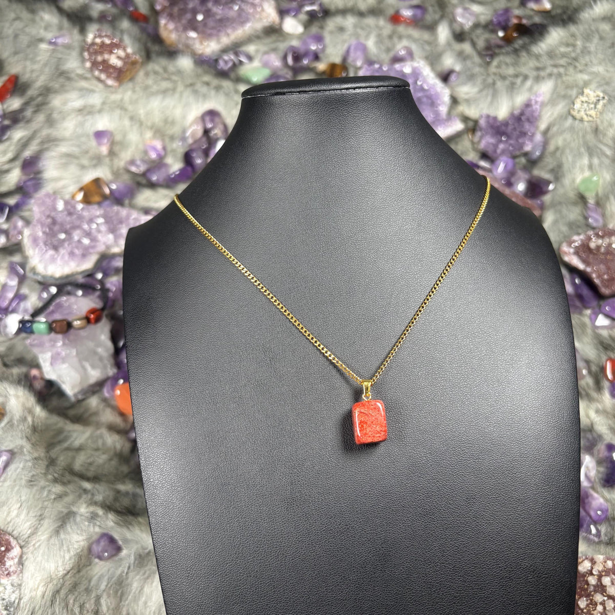 Red Jasper Crystal Gold Stainless Steel Chain Necklace