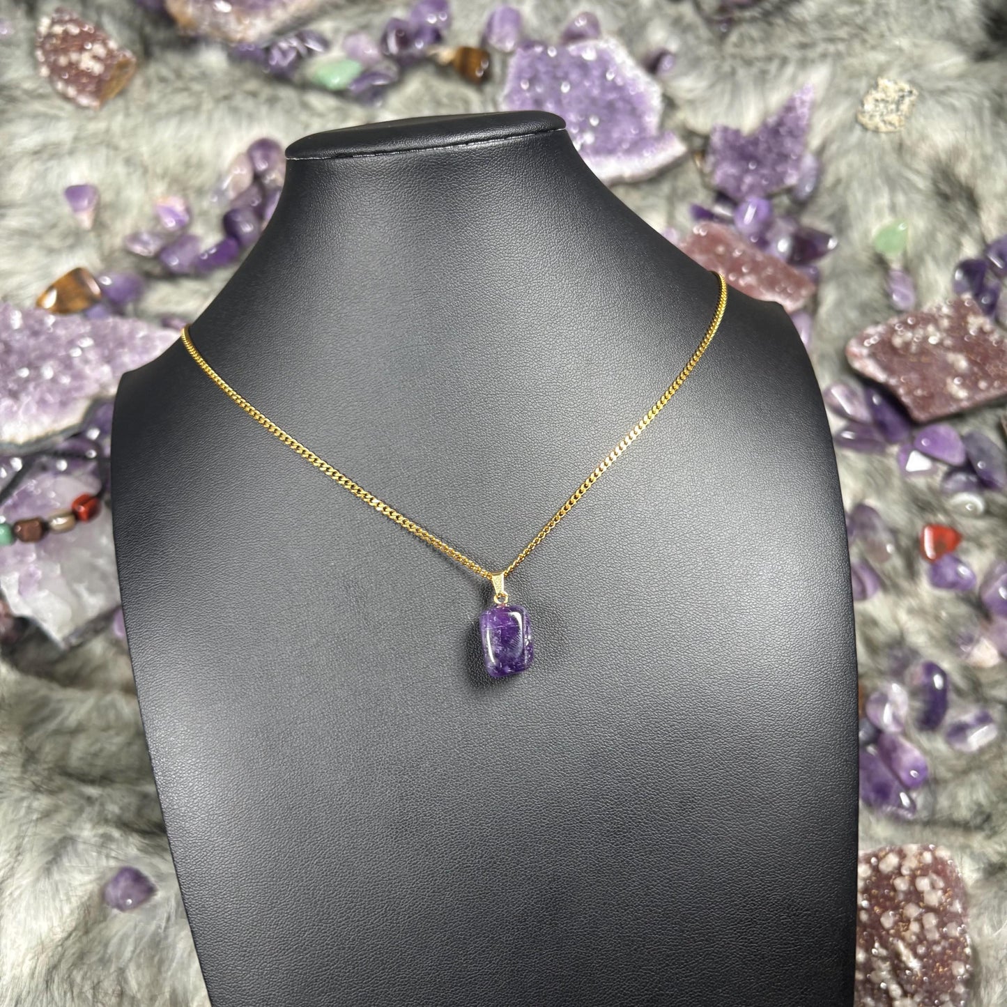Amethyst Crystal Gold Stainless Steel Chain Necklace