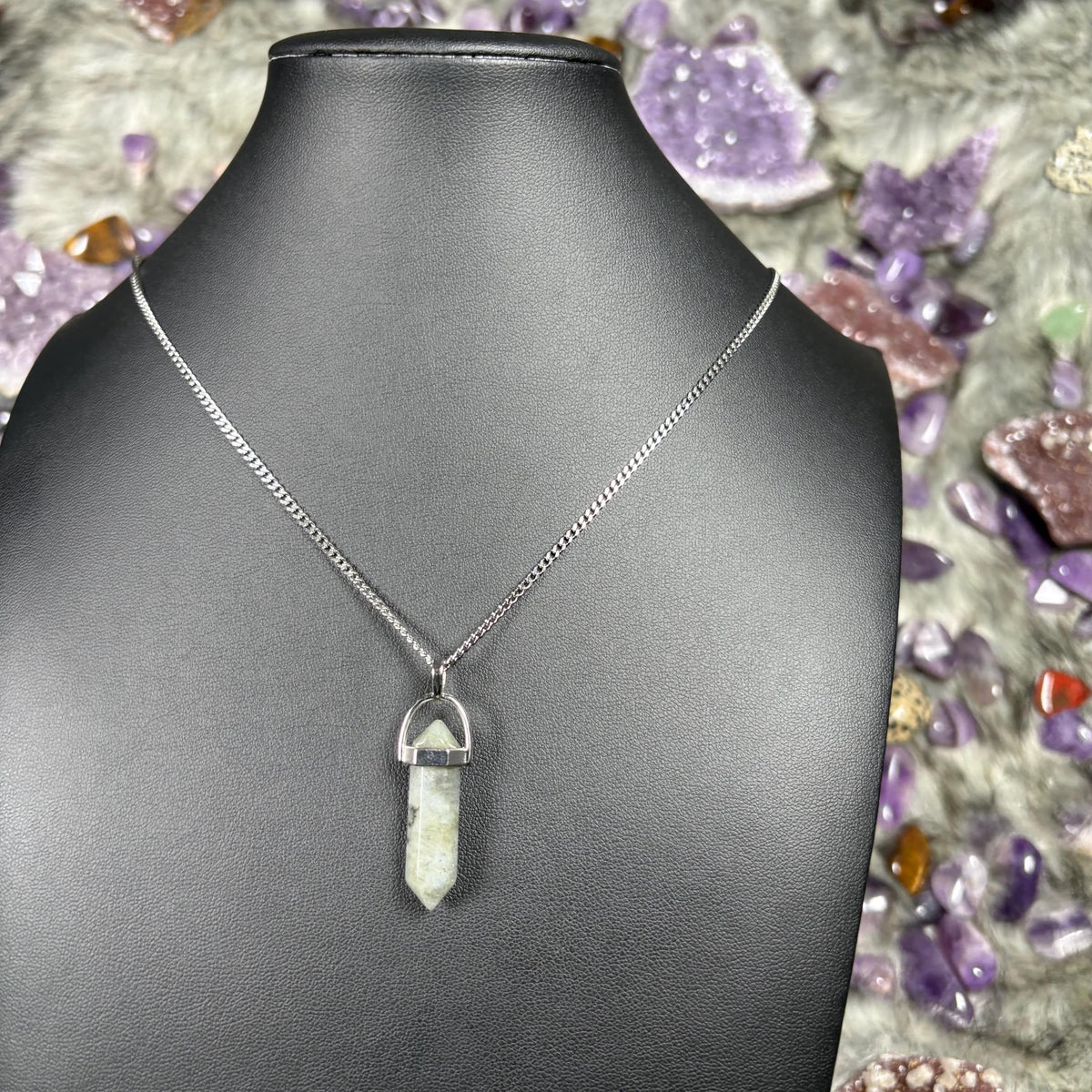 Labradorite Hexagonal Double-Terminated Silver Stainless Steel Chain Necklace