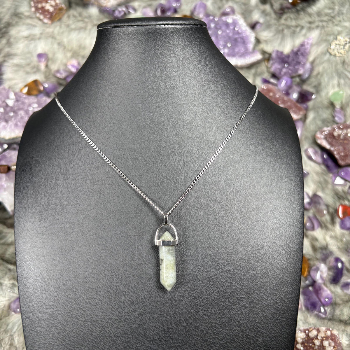 Labradorite Hexagonal Double-Terminated Silver Stainless Steel Chain Necklace