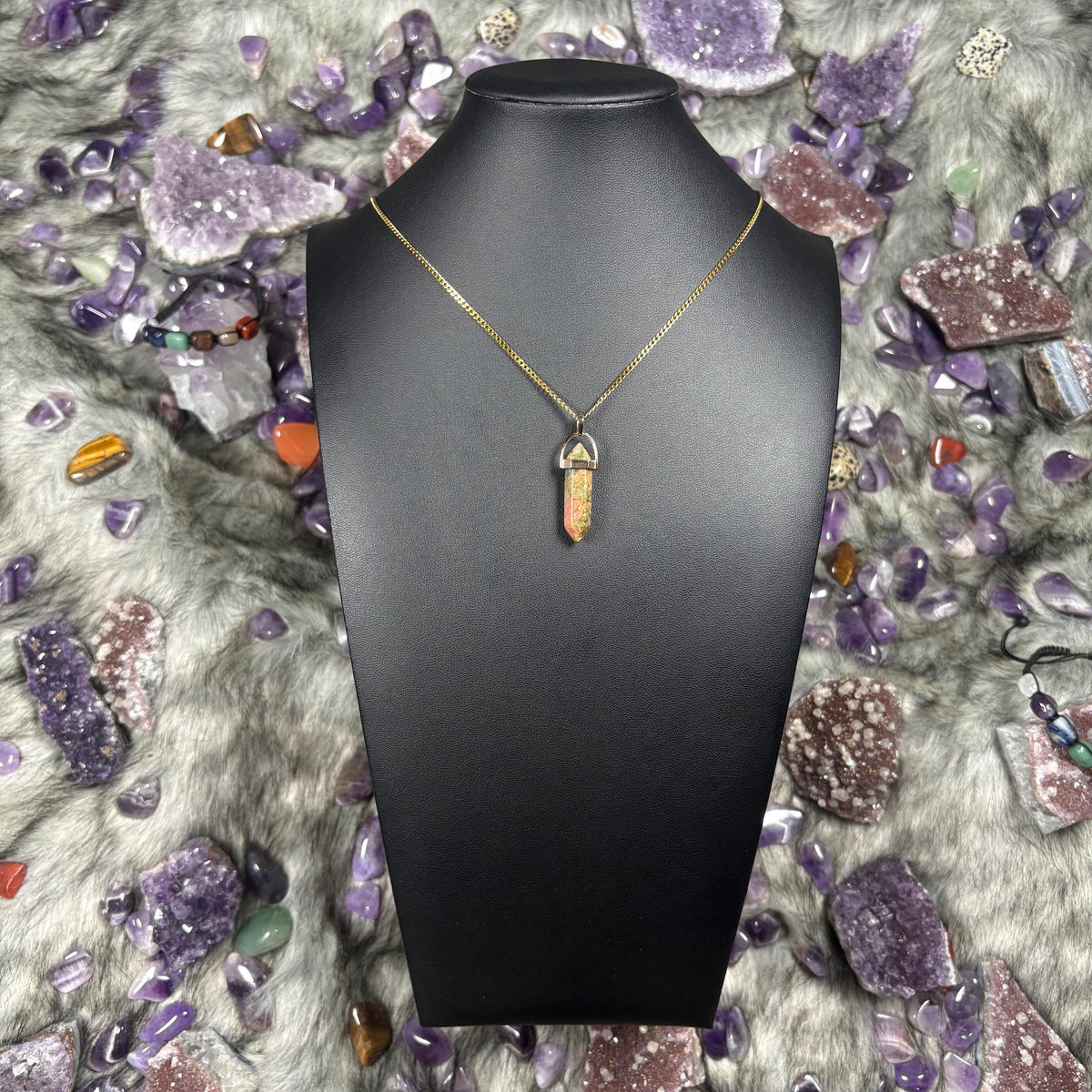 Unakite Hexagonal Double-Terminated Gold Stainless Steel Chain Necklace