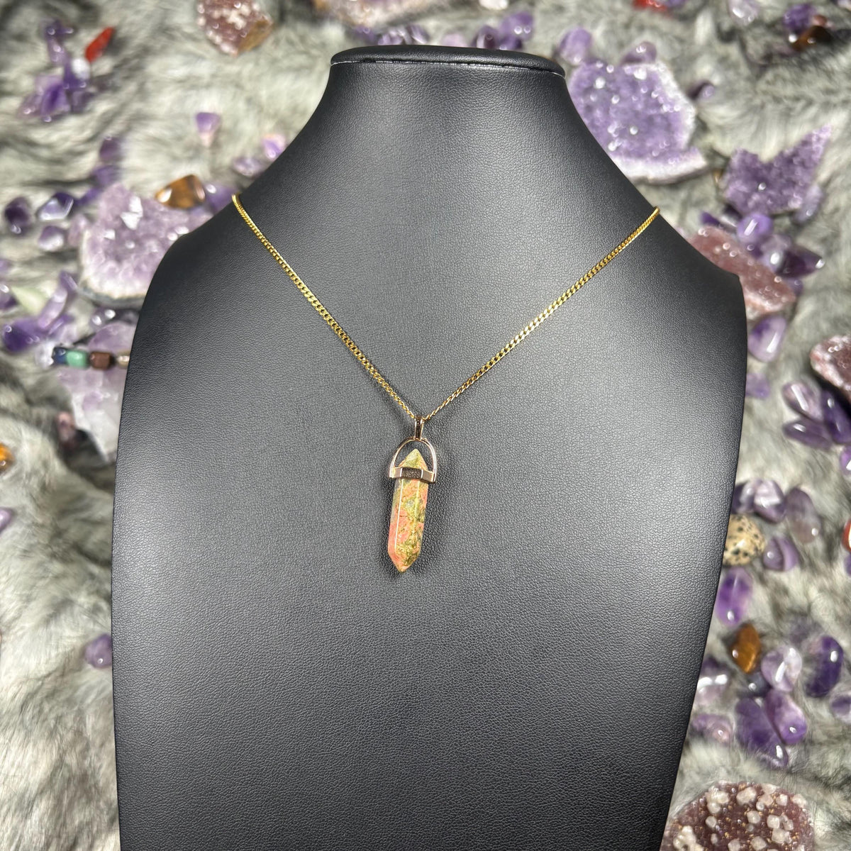 Unakite Hexagonal Double-Terminated Gold Stainless Steel Chain Necklace