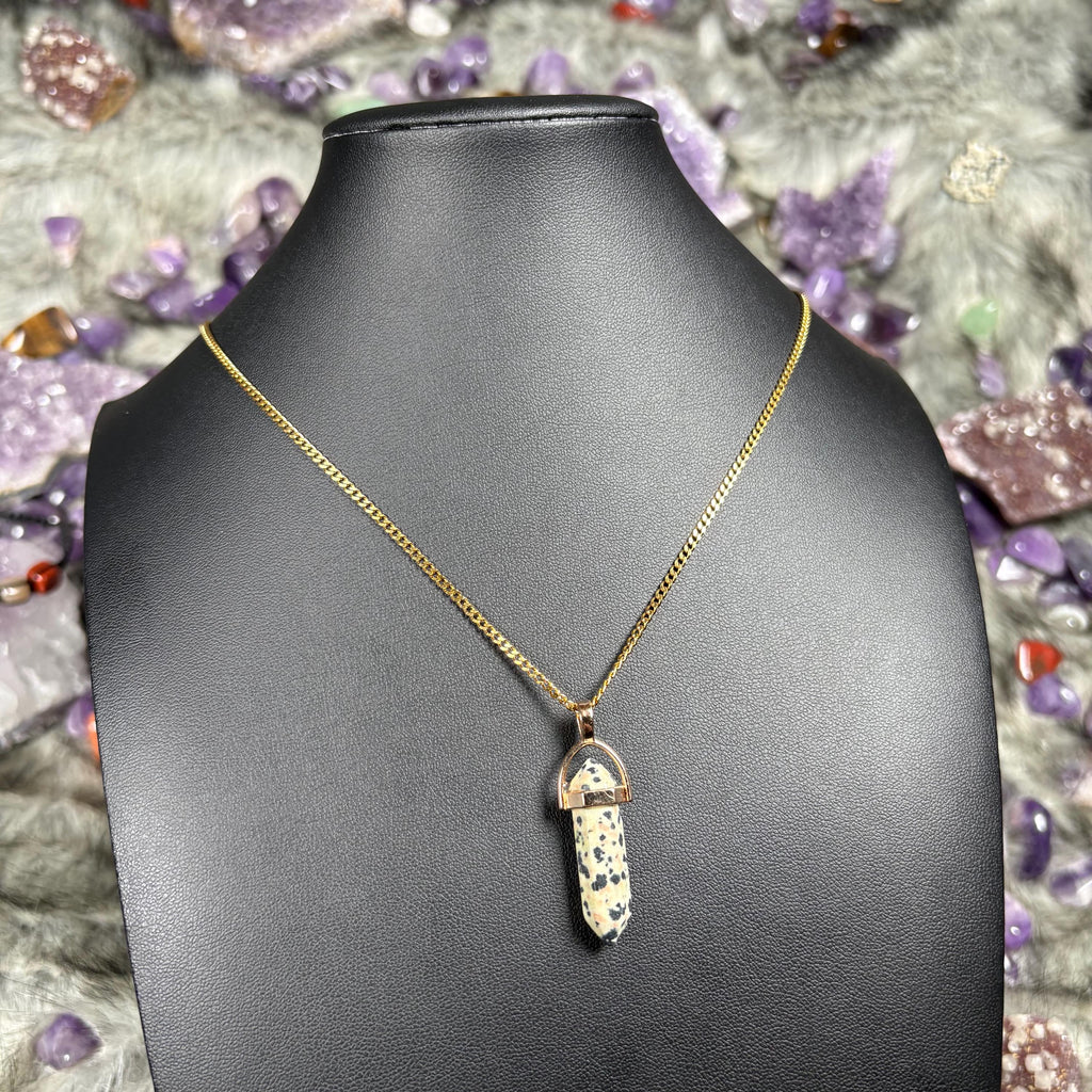 Dalmatian Jasper Hexagonal Double-Terminated Gold Stainless Steel Chain Necklace