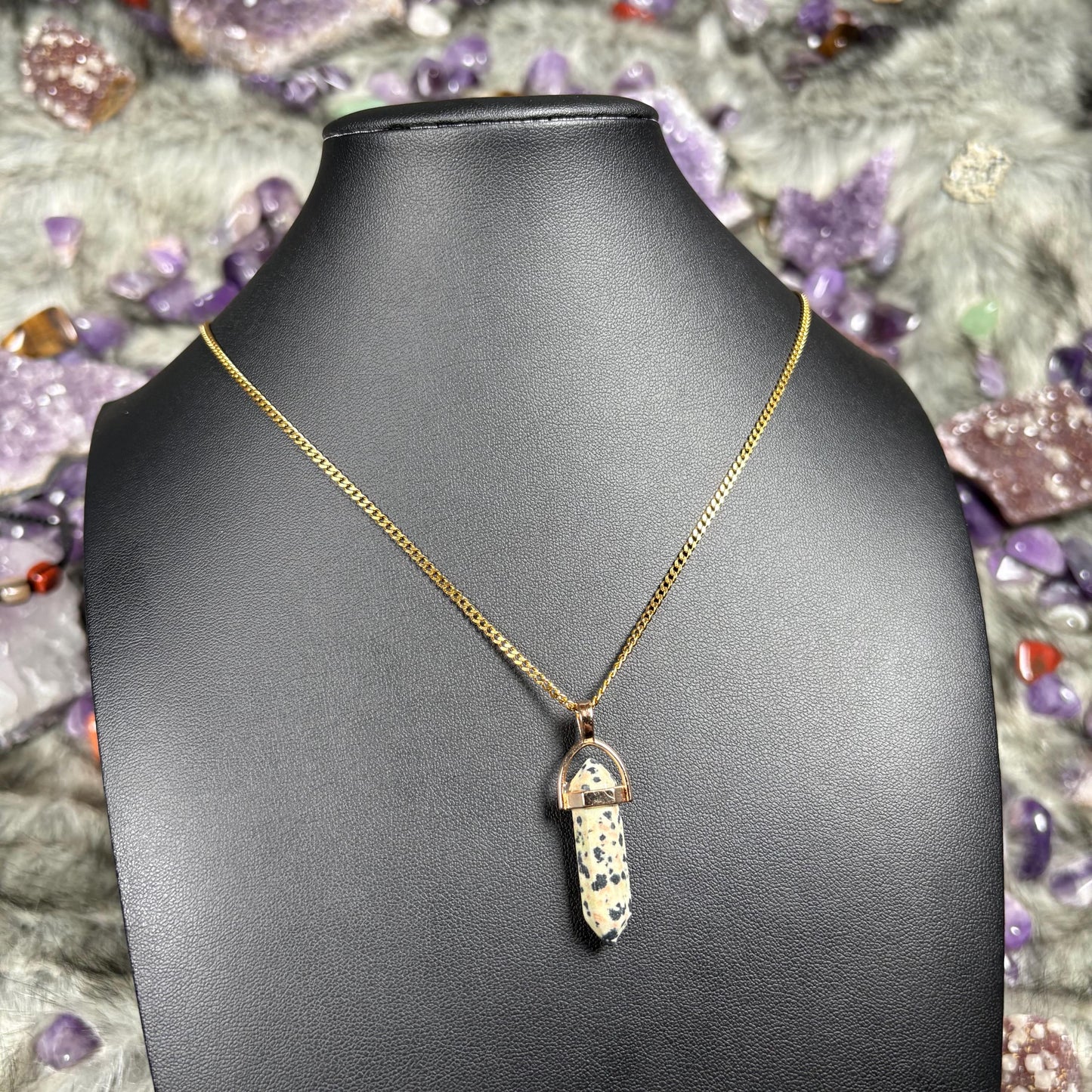 Dalmatian Jasper Hexagonal Double-Terminated Gold Stainless Steel Chain Necklace