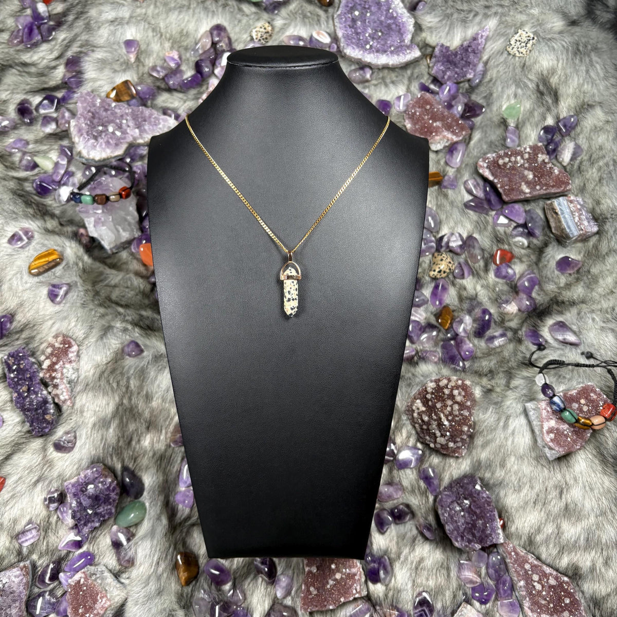 Dalmatian Jasper Hexagonal Double-Terminated Gold Stainless Steel Chain Necklace