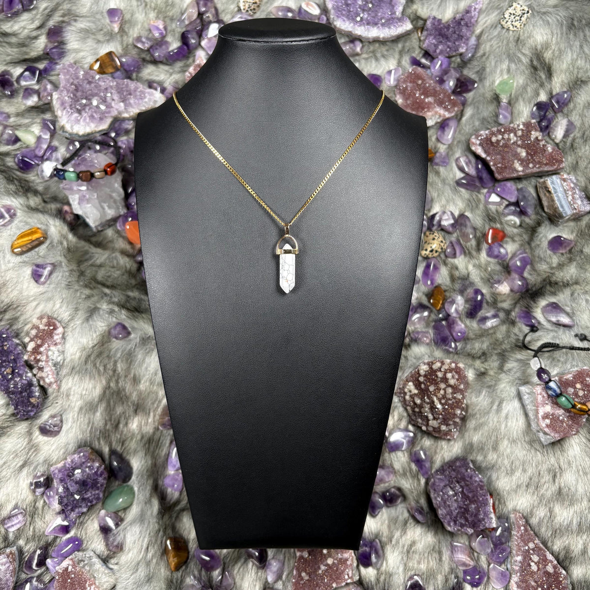 Howlite Hexagonal Double-Terminated Gold Stainless Steel Chain Necklace