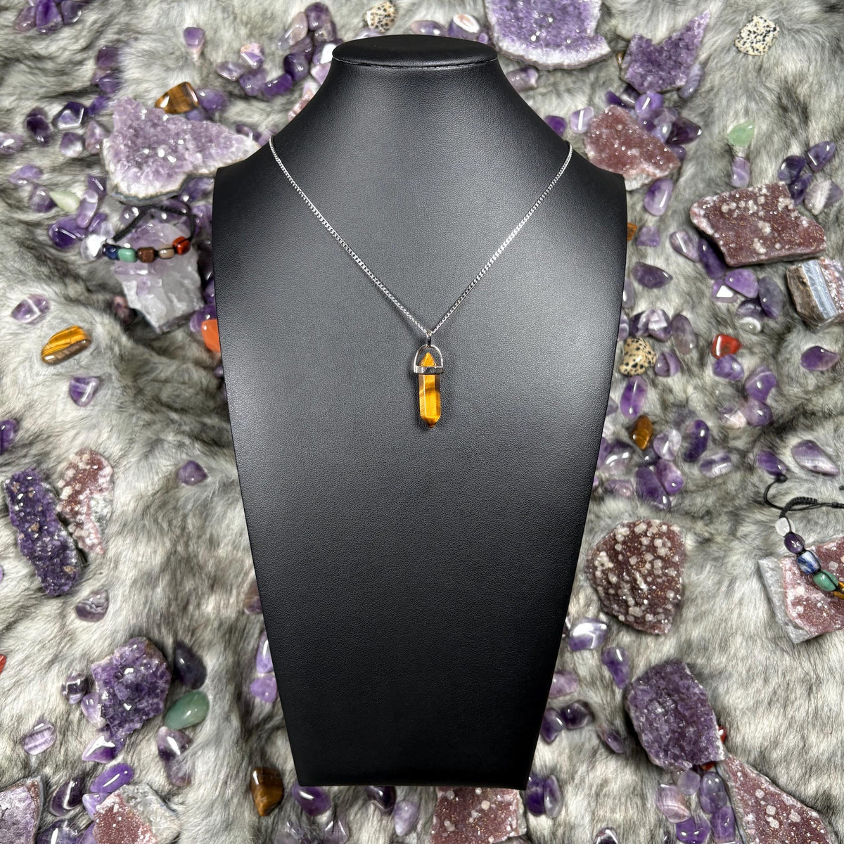 Tigers Eye Hexagonal Double-Terminated Silver Stainless Steel Chain Necklace