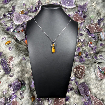 Tigers Eye Hexagonal Double-Terminated Silver Stainless Steel Chain Necklace