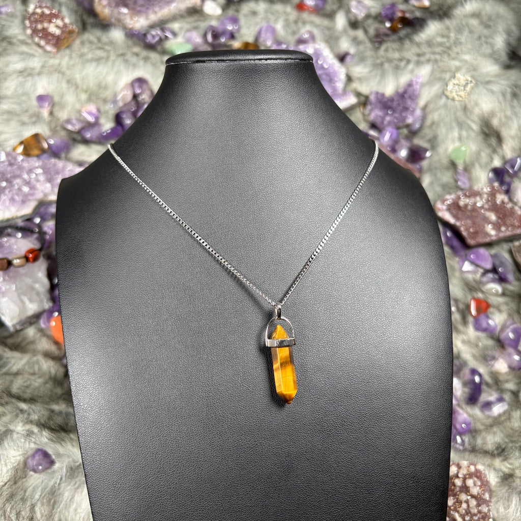 Tigers Eye Hexagonal Double-Terminated Silver Stainless Steel Chain Necklace