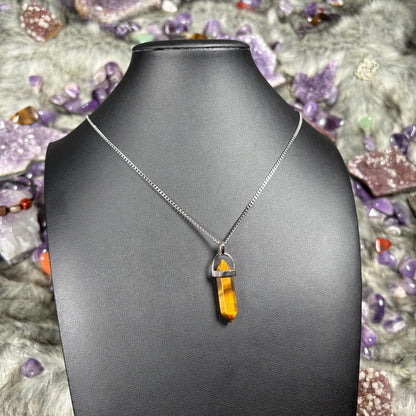 Tigers Eye Hexagonal Double-Terminated Silver Stainless Steel Chain Necklace