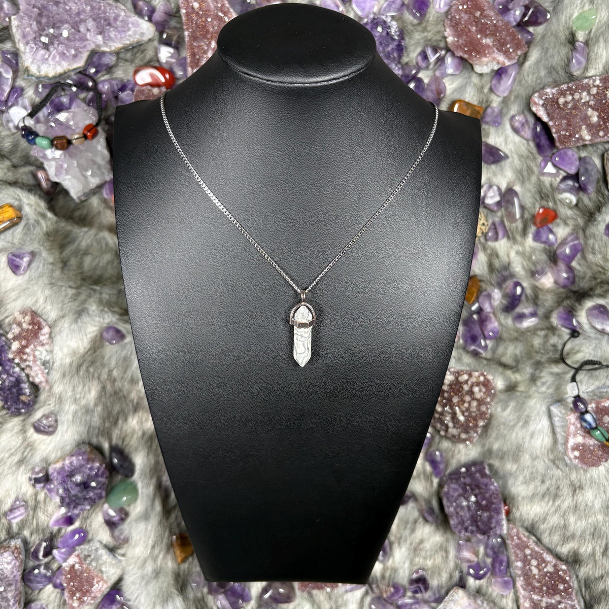 Map Stone Jasper Hexagonal Double Terminated Silver Stainless Steel Chain Necklace