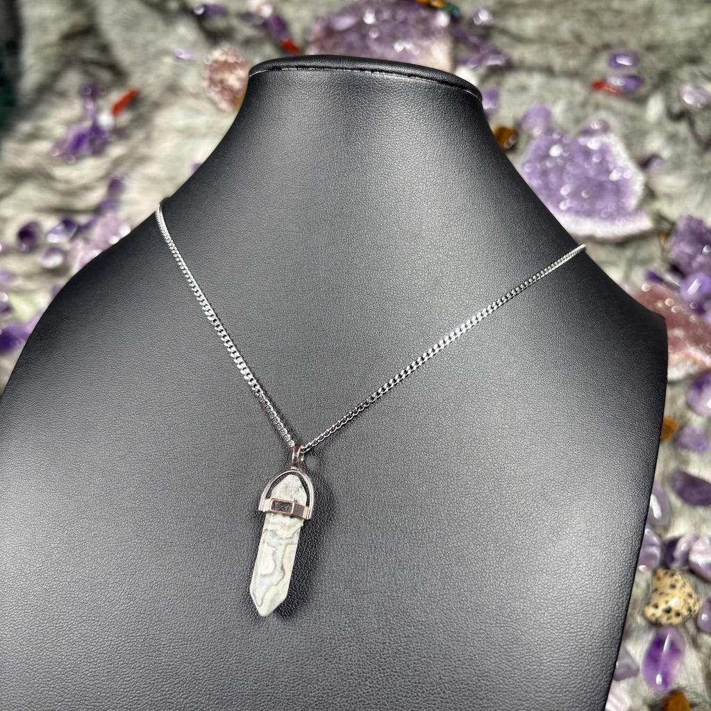 Map Stone Jasper Hexagonal Double Terminated Silver Stainless Steel Chain Necklace