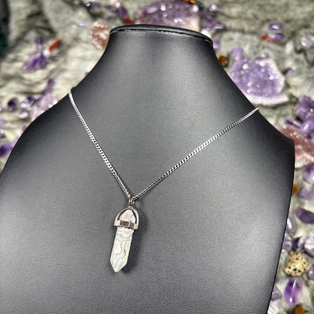 Map Stone Jasper Hexagonal Double Terminated Silver Stainless Steel Chain Necklace