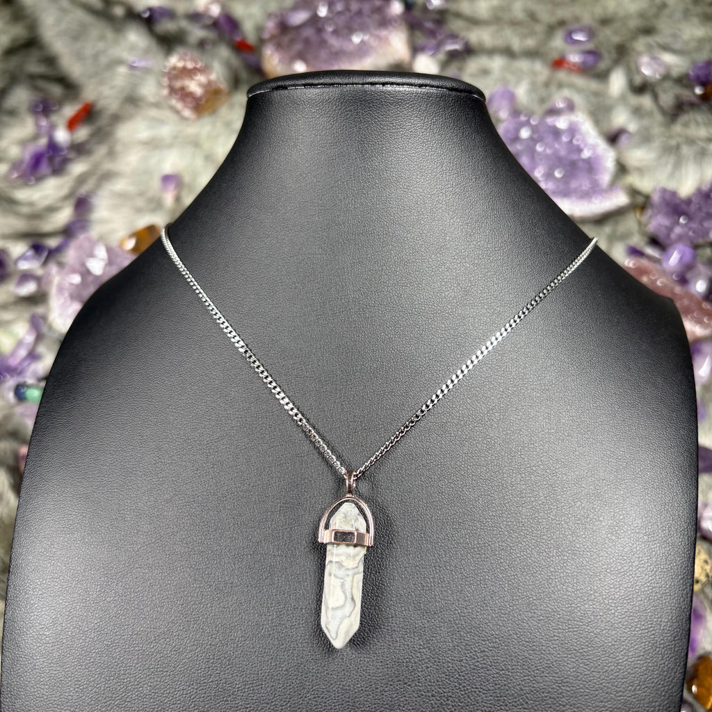 Map Stone Jasper Hexagonal Double Terminated Silver Stainless Steel Chain Necklace
