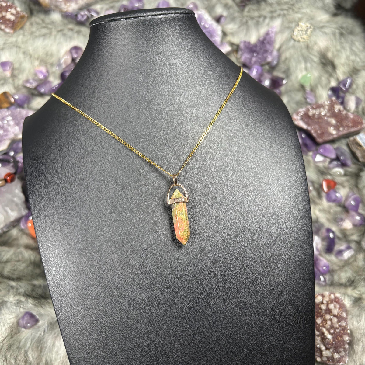 Hexagonal Double Terminated Unakite Crystal Necklace