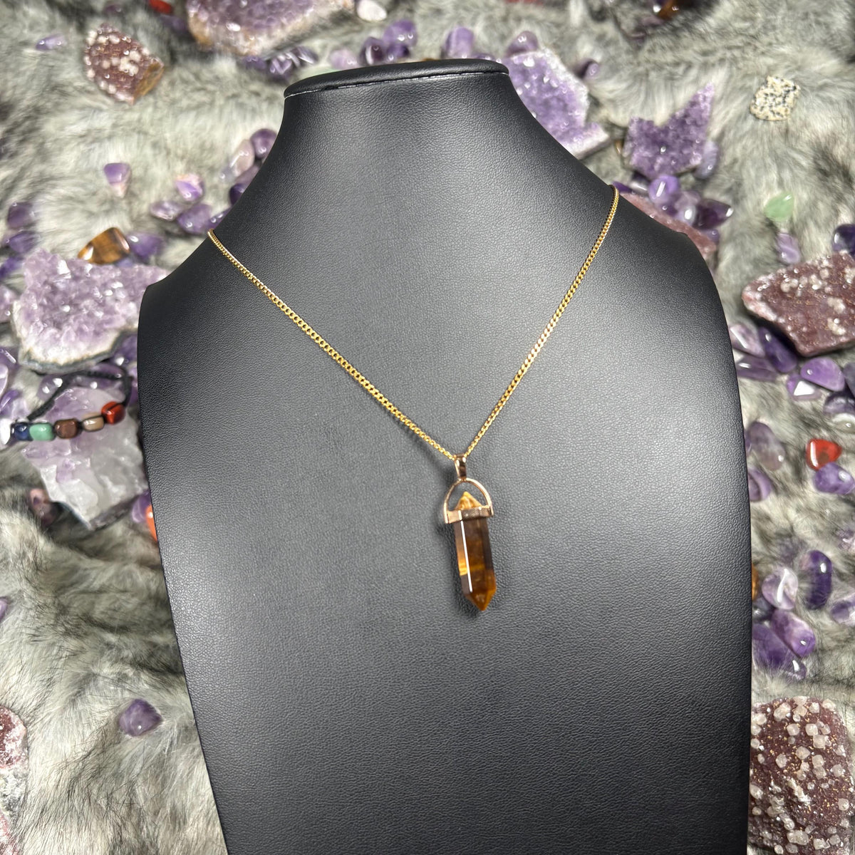 Tigers Eye Hexagonal Double-Terminated Gold Stainless Steel Chain Necklace