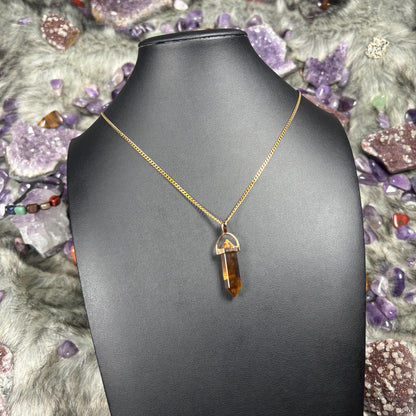 Tigers Eye Hexagonal Double-Terminated Gold Stainless Steel Chain Necklace