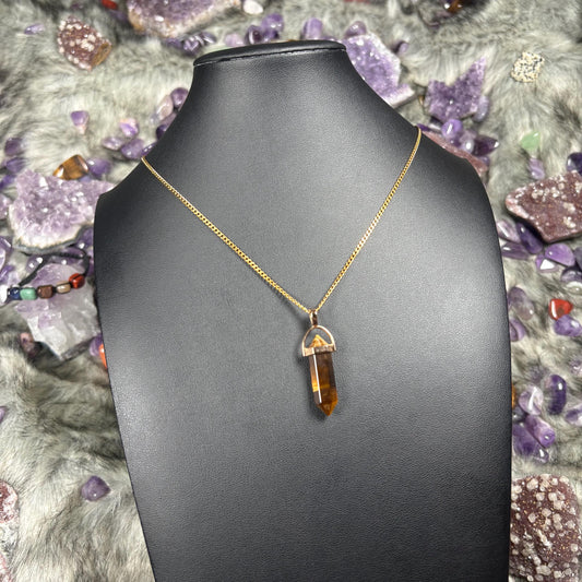 Tigers Eye Hexagonal Double-Terminated Gold Stainless Steel Chain Necklace
