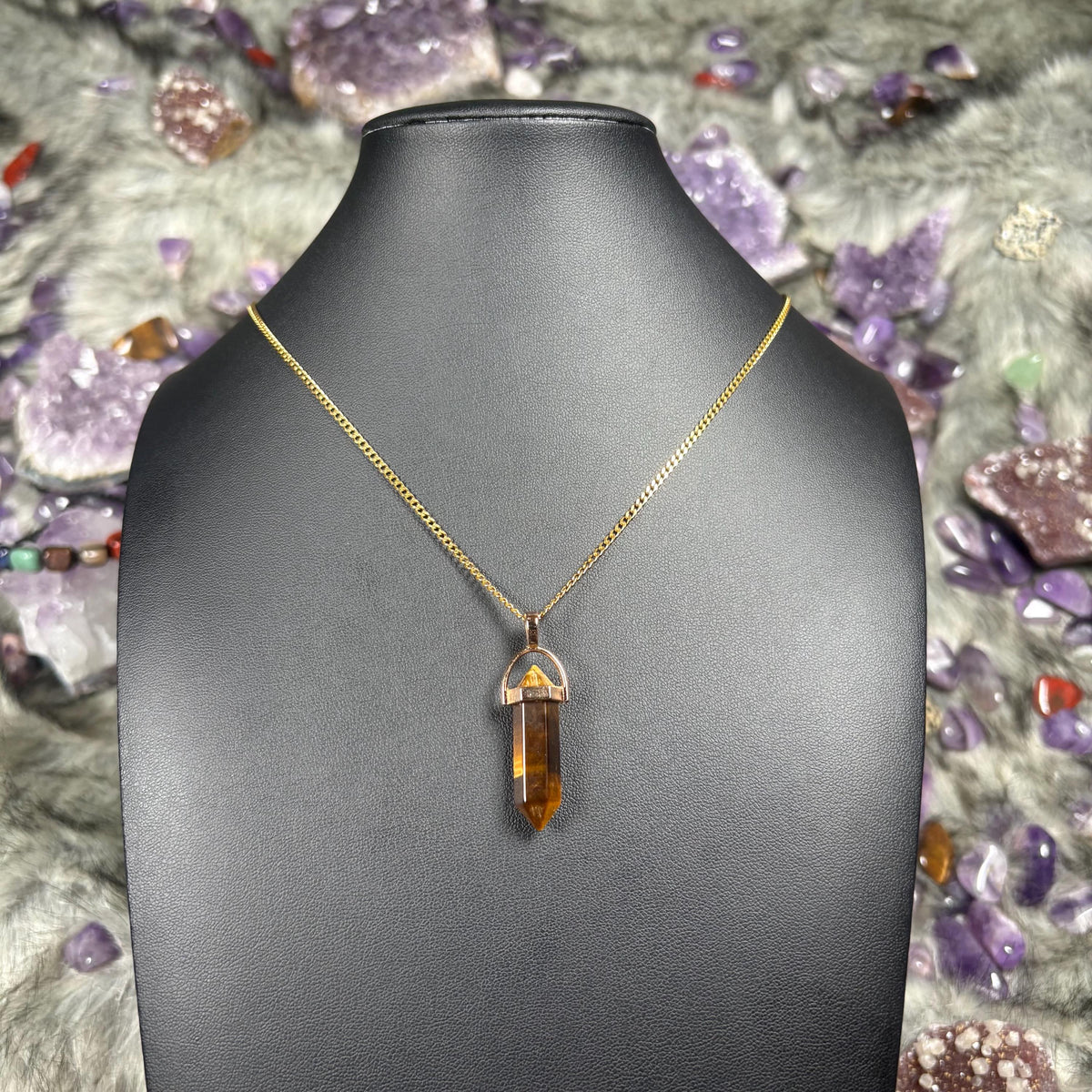 Tigers Eye Hexagonal Double-Terminated Gold Stainless Steel Chain Necklace
